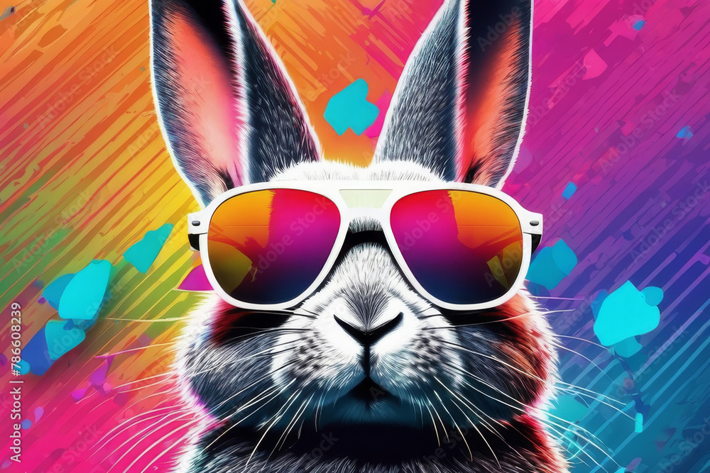 Brutal rabbit in glasses on a multi-colored neon background