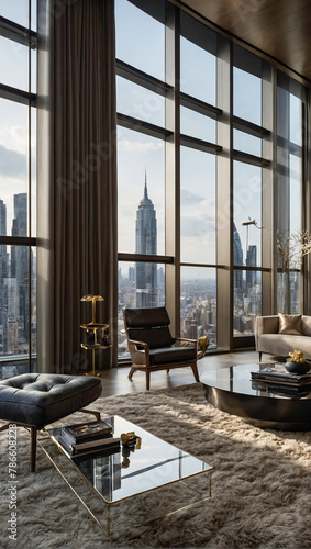 A luxurious modern room with floor to ceiling windows and sophisticated and elegant high end furniture