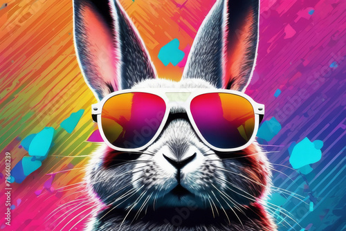 Obraz na płótnie Brutal rabbit in glasses on a multi-colored neon background w salonie