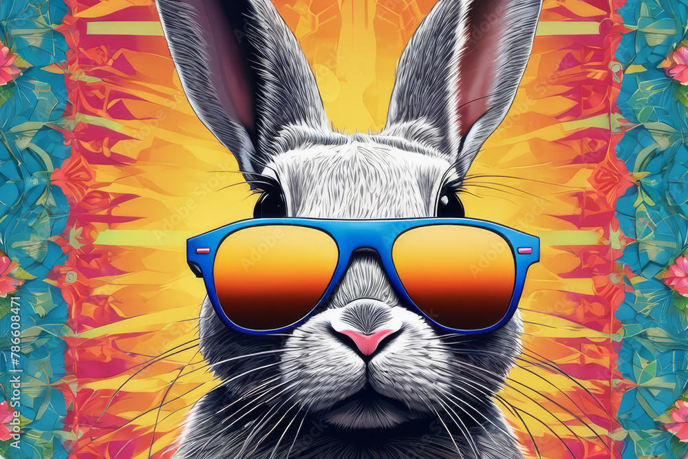 Brutal rabbit in glasses on a multi-colored neon background
