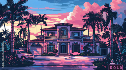 8bit Pixel Art Luxe Miami Cityscape with SOLD Mansion © thecreativesupplies