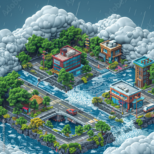 Isometric pixel art, clouds generating rainfall, urban catchment photo