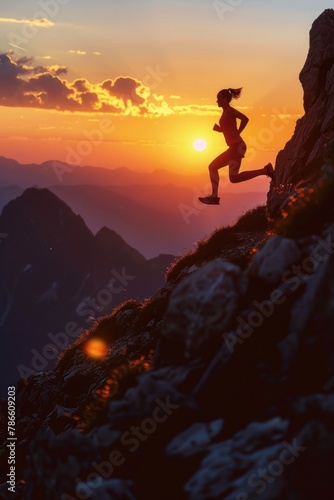 A person running up a mountain at sunset. Perfect for outdoor and fitness themed designs