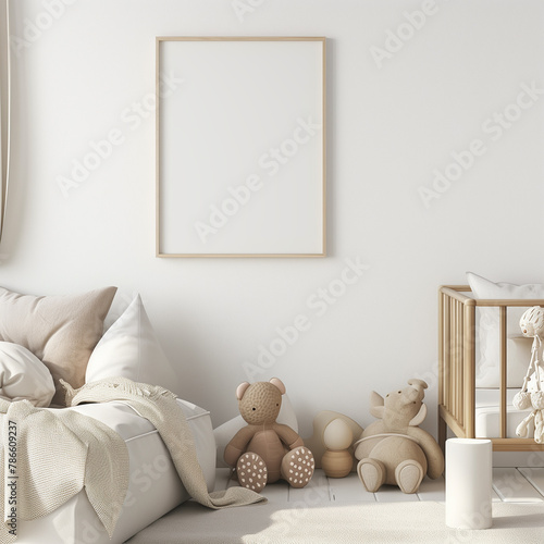 Nursery wood A4 size frame mockup, Scandinavian style room, minimalistic