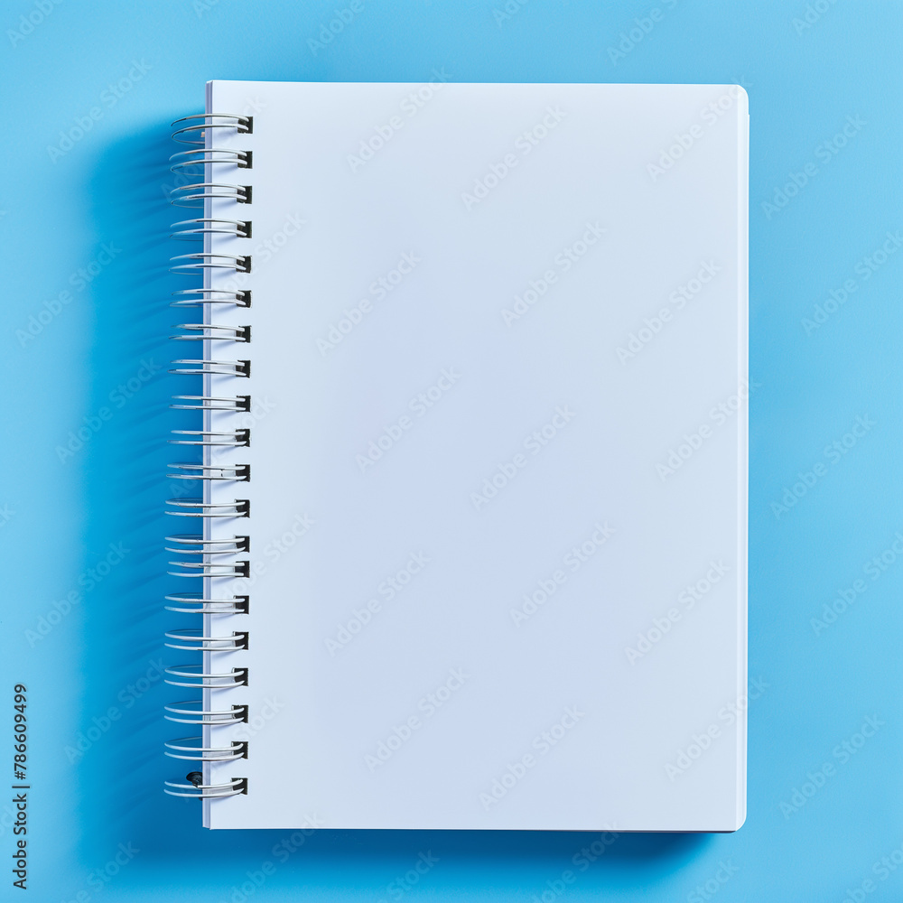 White notebook cover, wide spring, blue background