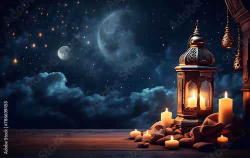 Capture the Ramadan ambience with radiant lanterns, crescent moons, and a sparkling starlit sky with copy space photo