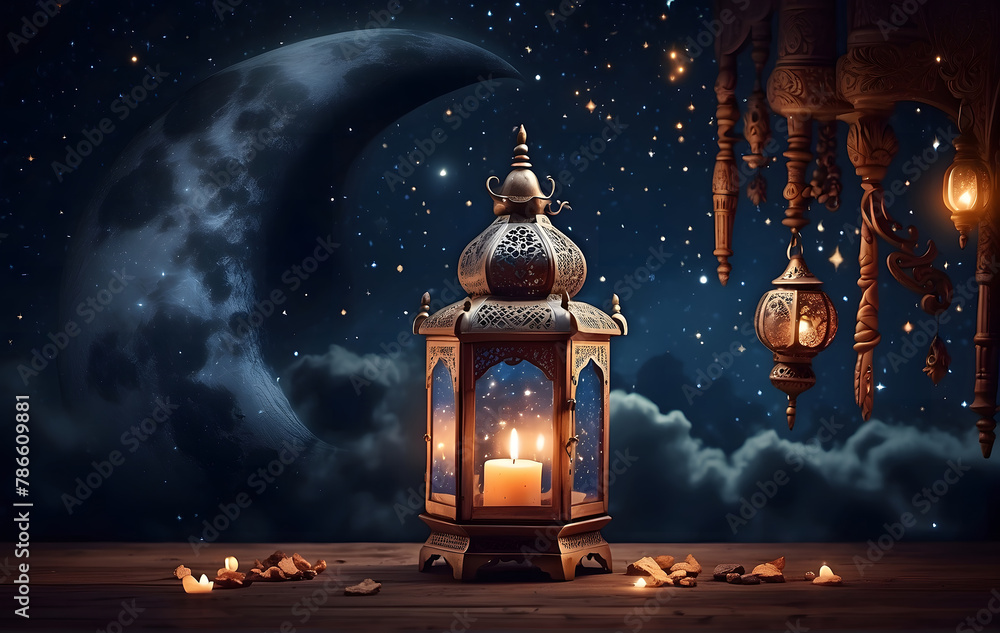 Capture the Ramadan ambience with radiant lanterns, crescent moons, and a sparkling starlit sky with copy space