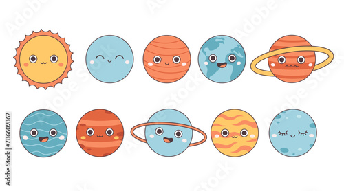 Collection of trendy cartoon planets. Solar System. Earth Day, Save planet. Vector illustration in flat style