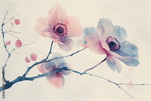 A serene watercolor of a Japanese anemone, with its simple yet striking flowers poised on tall, slender stems