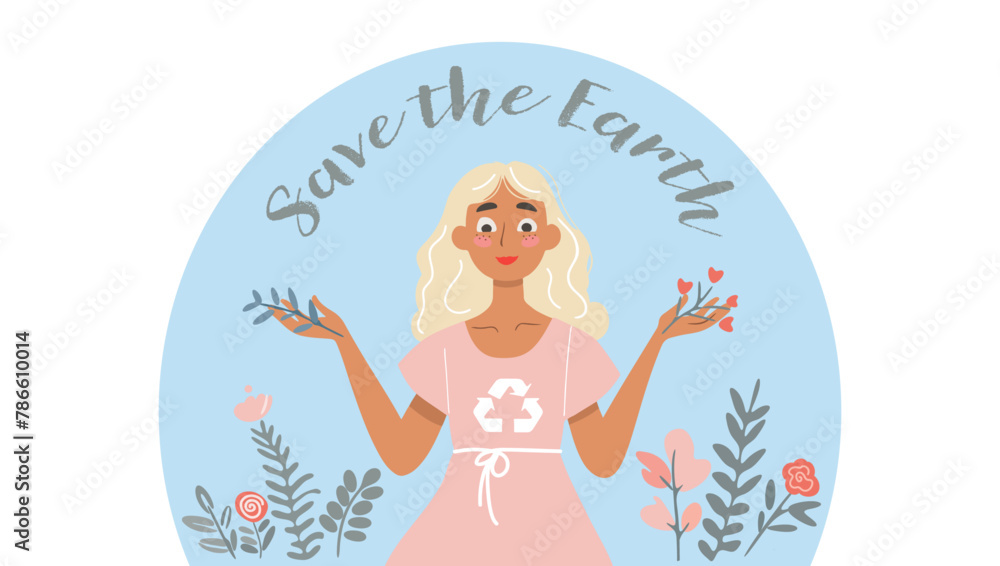 Flat style illustration of young female in dress standing with raised hands to save environment, phrase Save the Earth. recycling and sustainability background. Flat style illustration of young female in dress standing with raised hands to save environment, phrase Save the Earth. recycling and sustainability background.