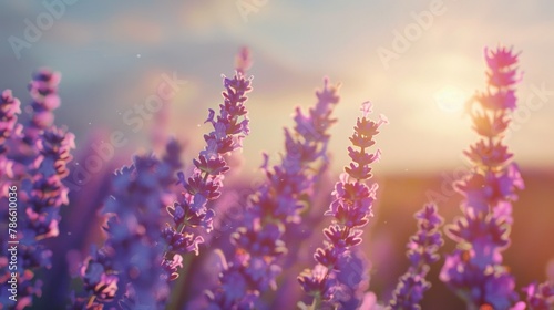 A beautiful field of purple flowers with the sun shining in the background. Perfect for nature and landscape designs