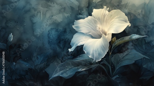 A moody watercolor of a moonflower opening at dusk, its large white blooms glowing against the twilight photo