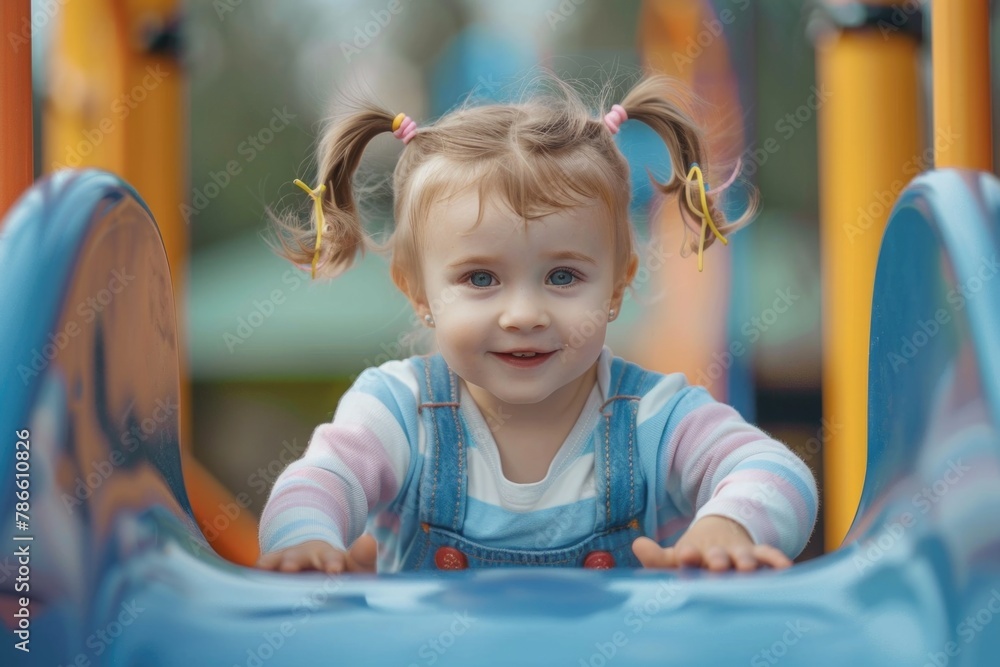 Fototapeta premium A young girl sitting in a colorful playground slide. Perfect for illustrating childhood and playtime