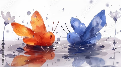   A few butterflies hover above separate puddles of water