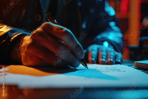 A person writing on a piece of paper with a pen. Suitable for educational or office concepts