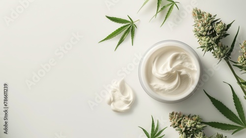 Cannabis cream on white background with empty space, skin care cosmetics product, banner, copy space