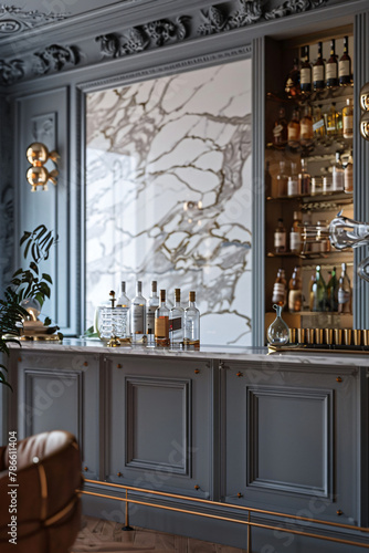 Chic Cocktail Bar  Marble Countertop  Brass Fixtures  Art Deco Decor