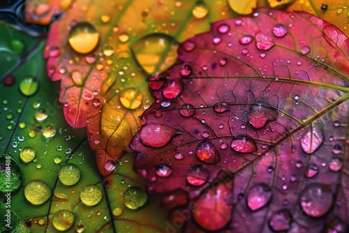 Closeup of a vibrant leaf covered in liquid droplets