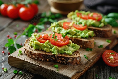 Toast bread with avocado puree and tomatoes on wooden table. Vegetarian food.