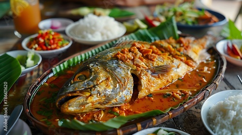 Traditional cambodian khmer fish amok curry meal photo