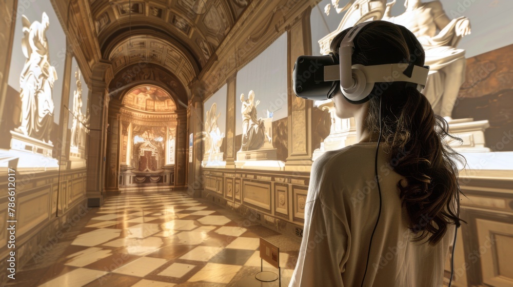 Woman Experiencing Virtual Reality in an Ornate Hallway