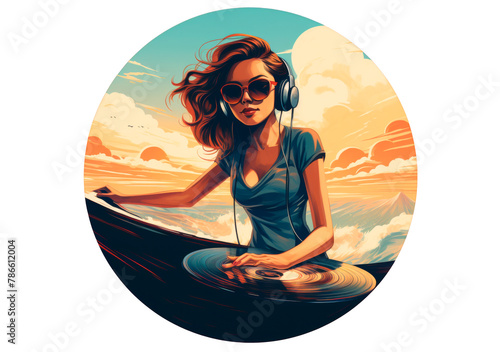 Retro illustration in a round frame, cheerful beautiful woman DJ on the background of the ocean, beach party. AI generated.