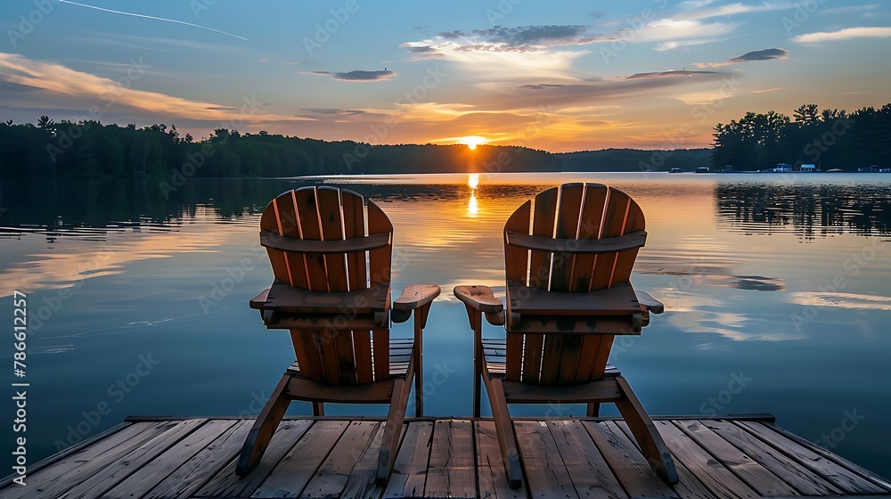 Two wooden chairs on a wood pier overlooking a lake at sunset - obrazy, fototapety, plakaty 