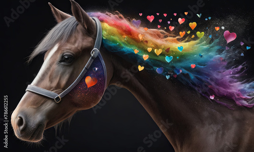 Horse With Rainbow Mane and Hearts on Face photo