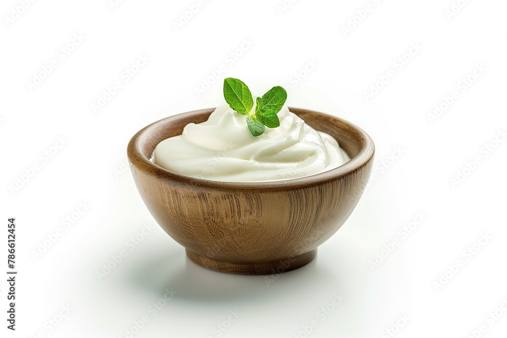 Bowl with white yogurt and mint leaves isolated on white background Bowl with white yogurt and mint leaves isolated on white background