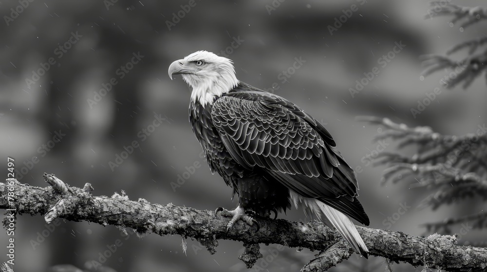 Fototapeta premium A bald eagle, black-and-white depicted, perches on a rain-soaked tree branch amidst pine trees in the background