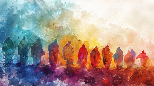 The Twelve Chosen depicts Jesus' disciples, central figures in Christian belief, often portrayed in serene watercolor illustrations, capturing their spiritual journey.