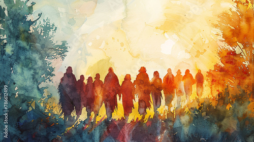 The Twelve Chosen depicts Jesus' disciples, central figures in Christian belief, often portrayed in serene watercolor illustrations, capturing their spiritual journey.