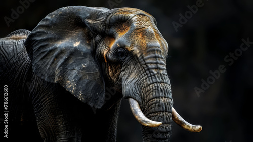  A close-up of an elephant's face with its tusks curved