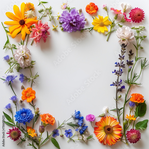 Square Photo Frame Made of Full Bright Spring Flowers with a White Background