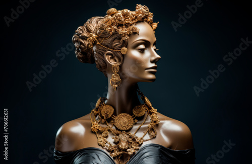 Ancient sculpture of a woman on a black background, stone bust of an antique queen with jewelry, gold earrings, necklace. Generated by AI.