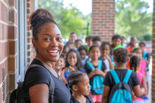 A smiling teacher happily welcomes a line of diverse students on their first day of school