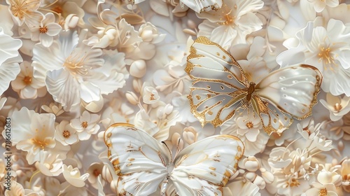 white and gold butterfly gracefully adorned with flowers, perfect for adding a touch of sophistication to any wall against a pristine white background. SEAMLESS PATTERN © lililia