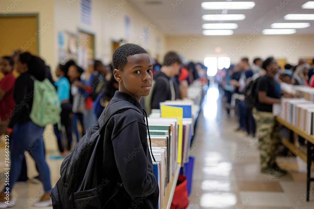 Focused student waits in line among his peers to receive textbooks at school Focused student waits in line among his peers to receive textbooks at school
