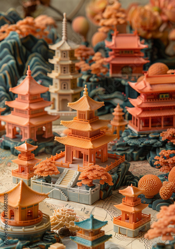 Chinese-Style Setting with Map of China and Building Blocks photo