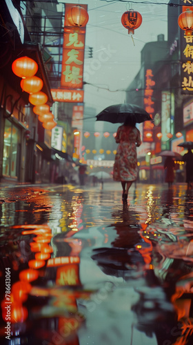 90s Street Scene in Chongqing, Nostalgic Rainy Days and Cheongsam Fashion photo