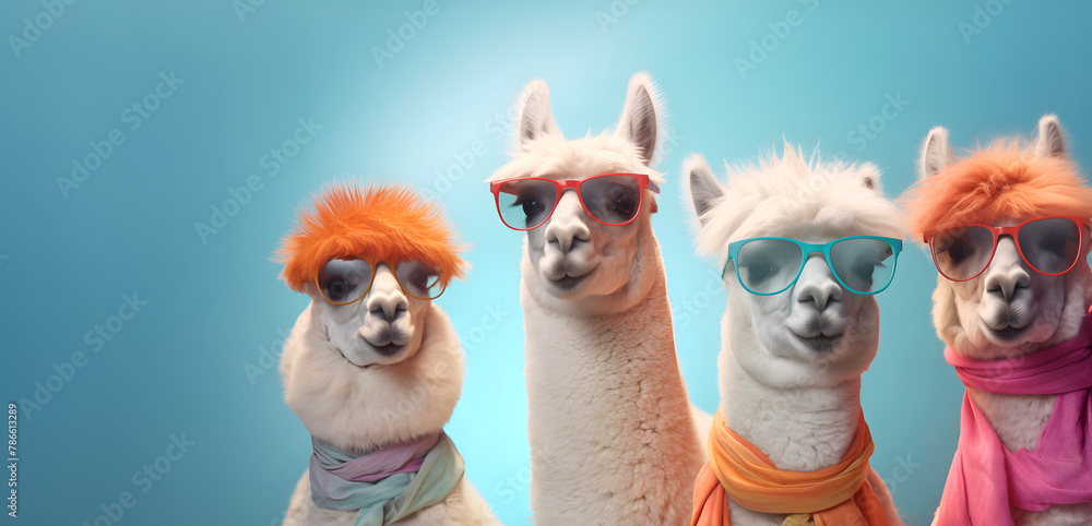 Creative animal concept. Group of alpaca friends in sunglass shade glasses isolated on solid pastel background, commercial, editorial advertisement, copy text space	
