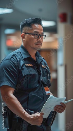 A Security Guard Documenting security incidents, observations, and activities in incident reports and logbooks for documentation and analysis, realistic people photography photo