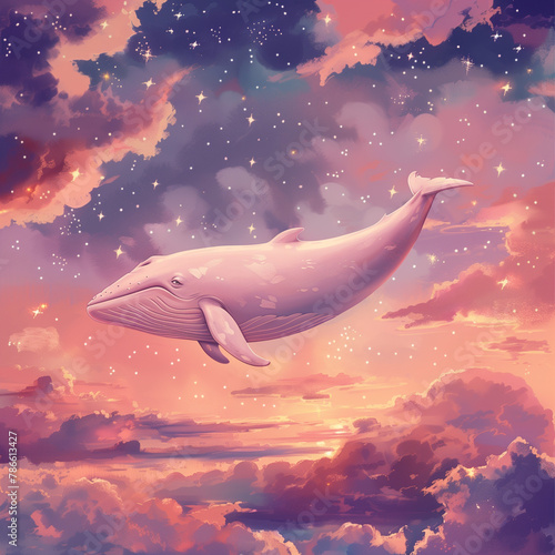 White Whale Floating in the Sky, Dreamy Fantasia in Pastel Clouds and Stars