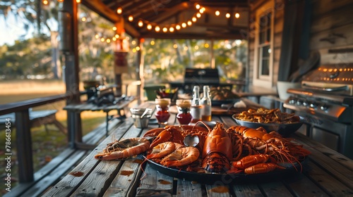 Vertical still life of the farm restaurant with table of fresh local seafood on wood table on rural porch