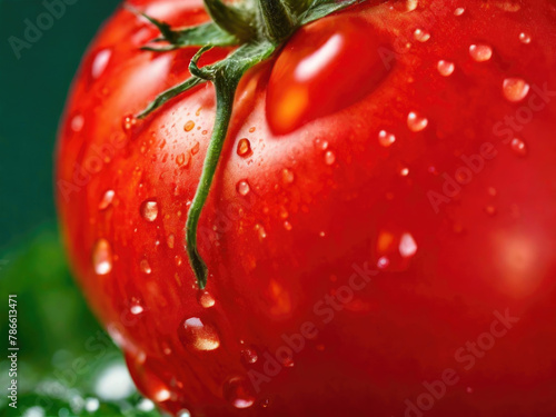 Macro shot of a ripe, juicy red tomato glistening with water droplets, enticingly capturing the freshness and succulence of this vibrant fruit in a close-up scene