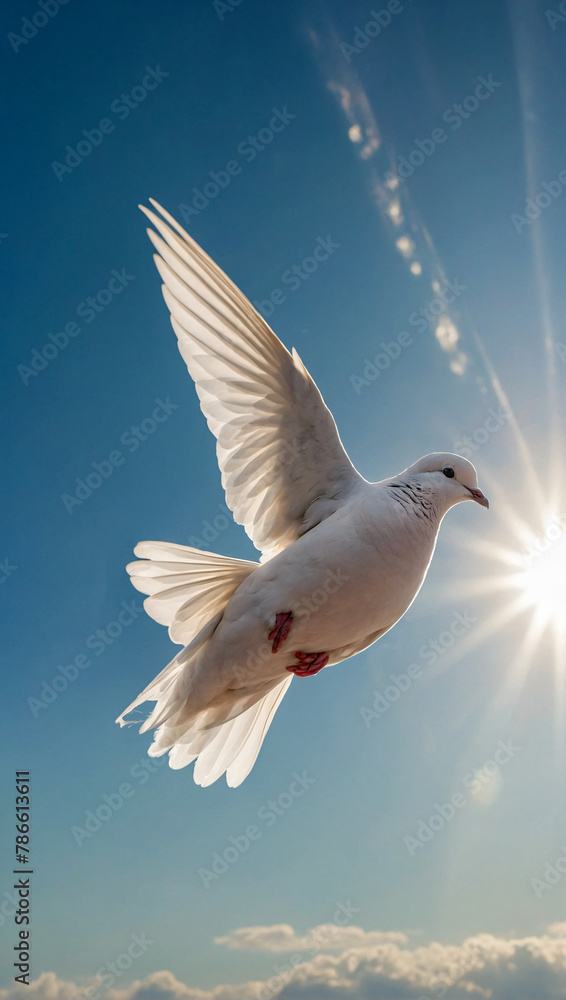 Beautiful white dove flying through the blue sky