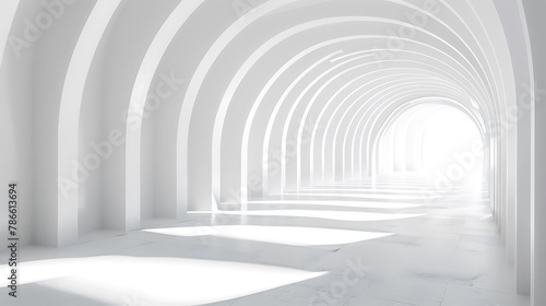 white bent corridor with round arches bright light and shadows concept for interior design and futuristic background