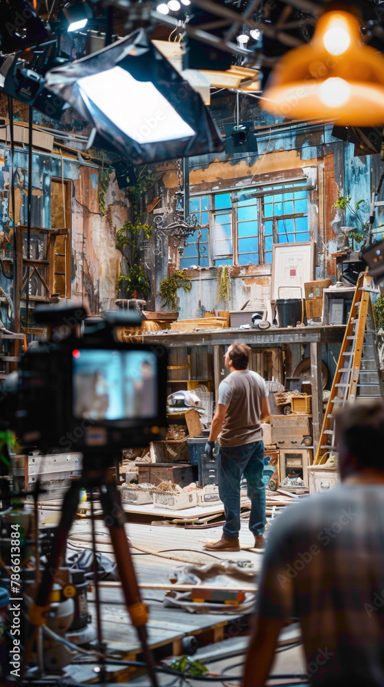 A Set Designer Overseeing set construction, installation, and decoration, and coordinating with scenic artists, carpenters, and craftsmen, realistic people photography