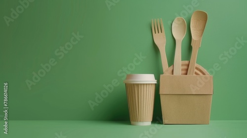 Coffee cup next to cardboard container with utensils, ideal for food and beverage concepts