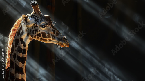  A tight shot of a giraffe's head and neck, softly focused against a hazy backdrop